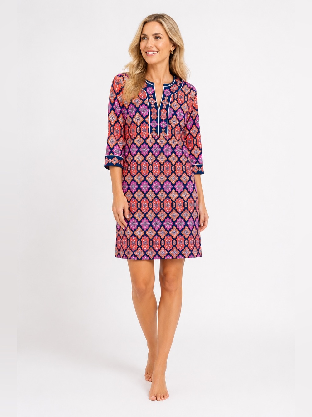 Gretchen Scott Split Neck Dress Haveli New Size‎ XS Navy Orange Pink Shift Dress